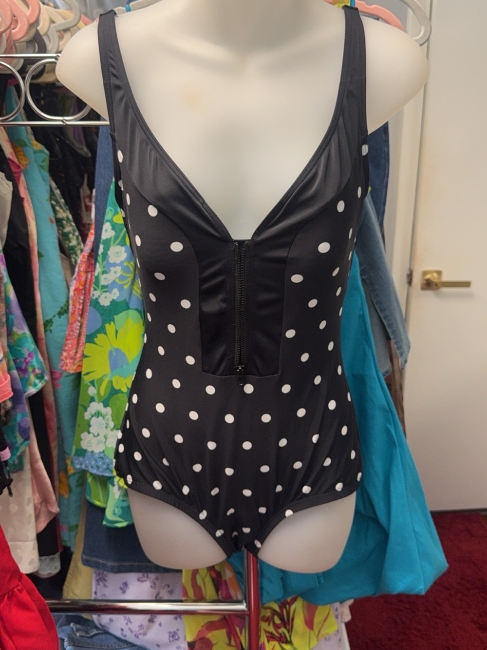 Vintage GABAR Polka Dot Zip-Front One-Piece Swimsuit - Black/White